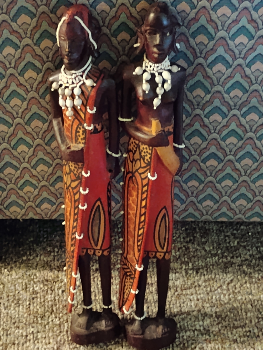Source Unknown Red and Brown African Pair Wood Sculptures